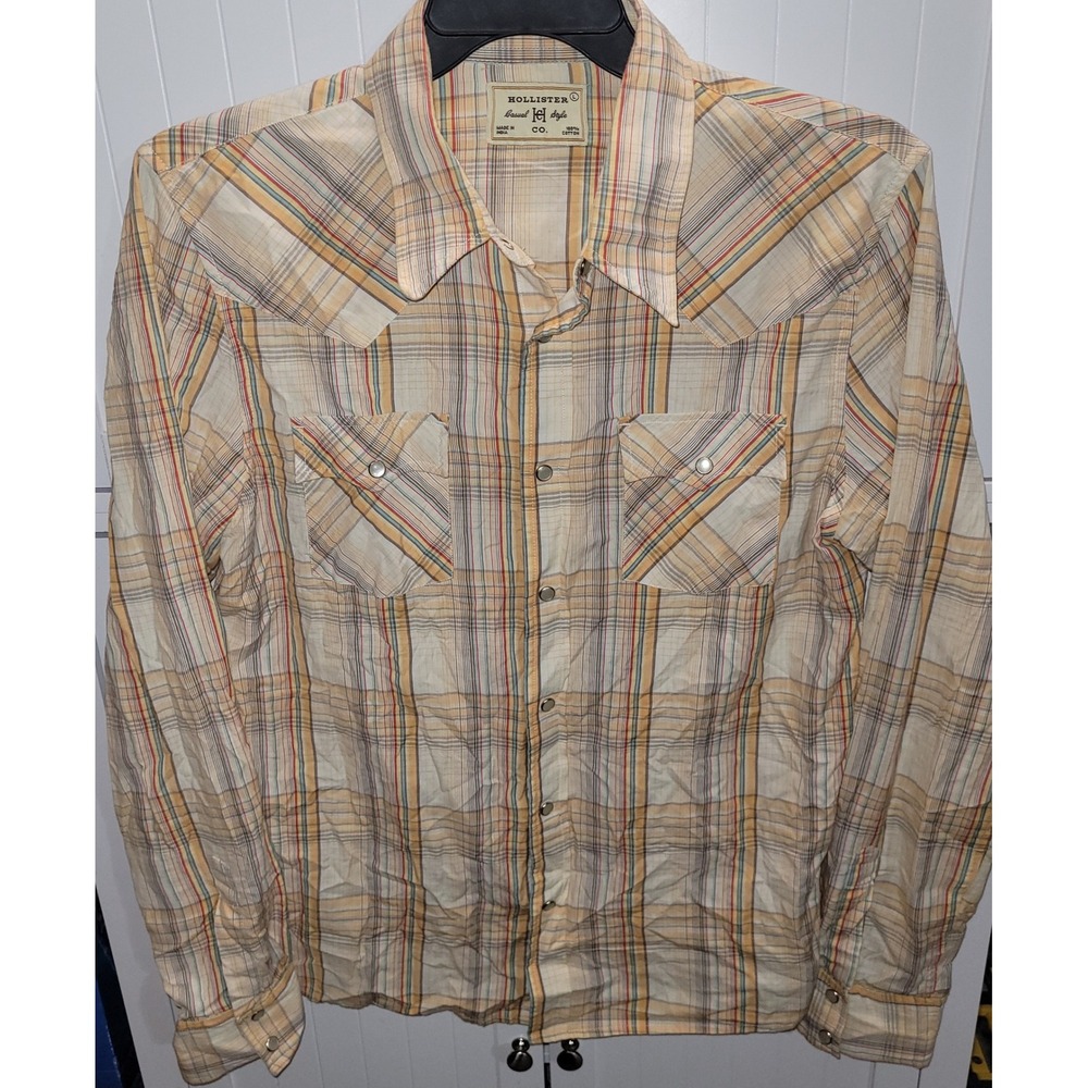 Hollister Mens Large Plaid Western Pearl Snap Shirt Long Sleeve Tan Orange y2k